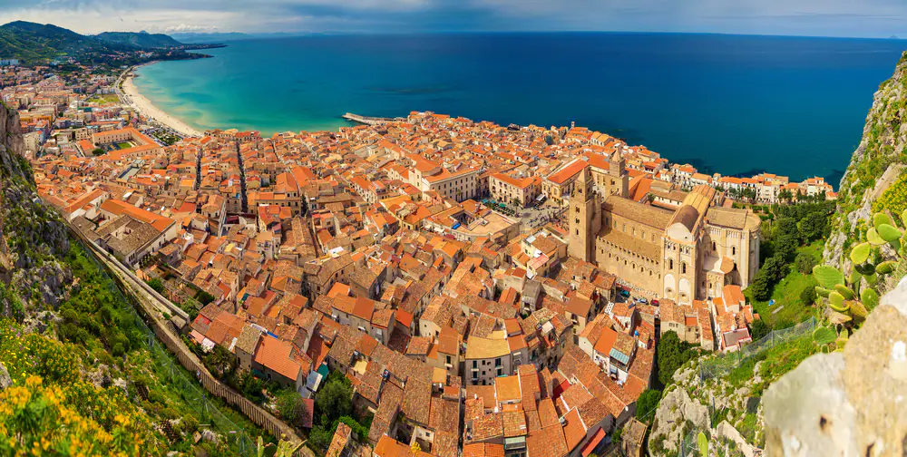 panoramic view of village Cefalu from above, Sicily, Italy