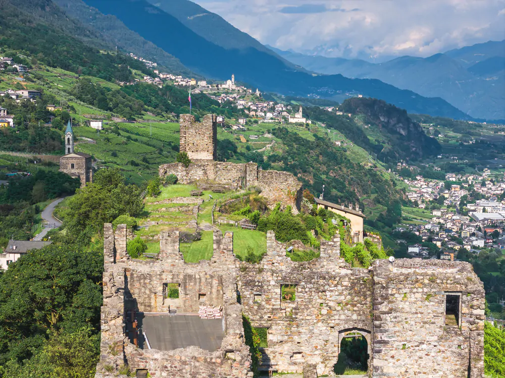 Aerial view of landscape of Valtellina with his vineyards, Grumello, Lombardy.